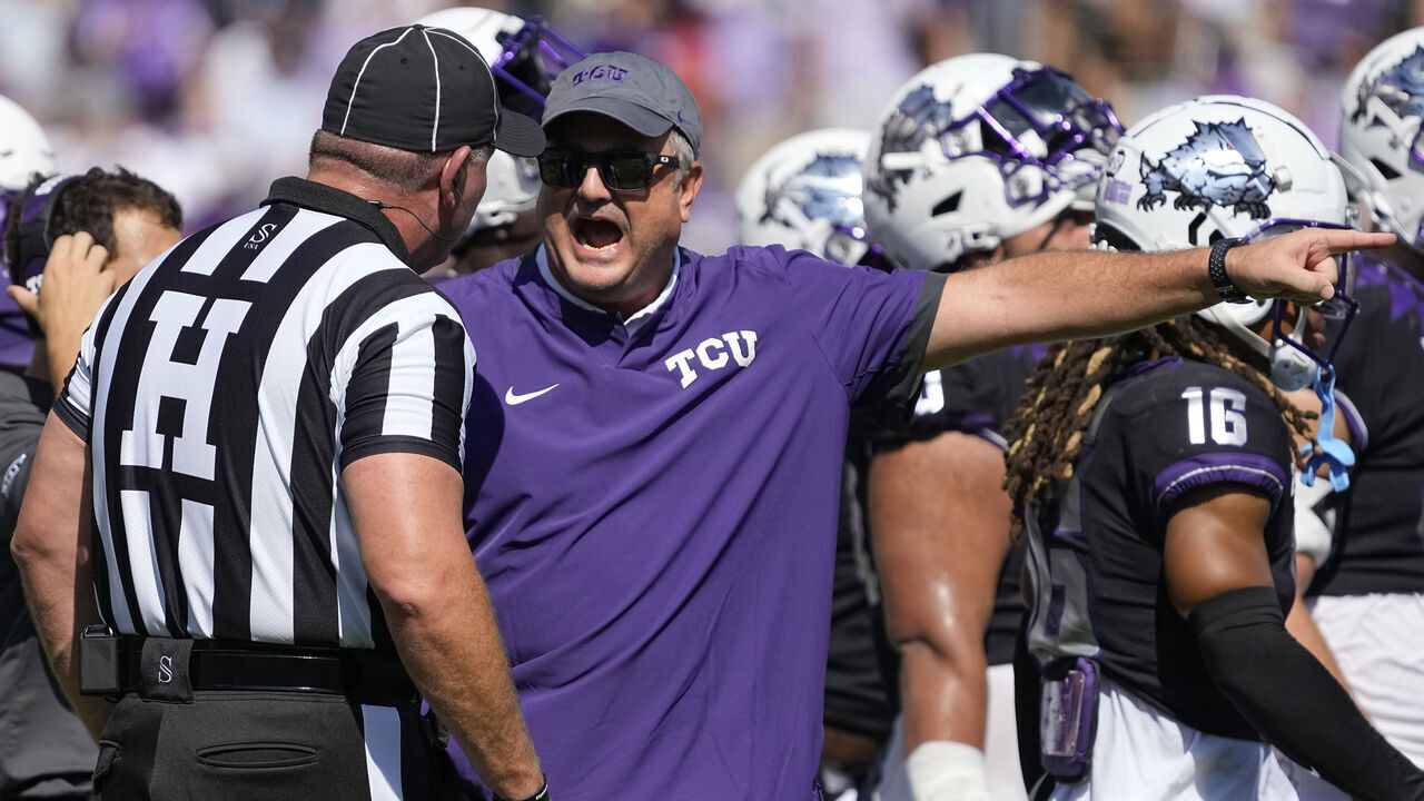 FORT WORTH, TEXAS - SEPTEMBER 23: Head coach Sonny Dykes of the TCU Horned Frogs yells at an official during the first half of the game against the SMU Mustangs at Amon G. Carter Stadium on September 23, 2023 in Fort Worth, Texas.