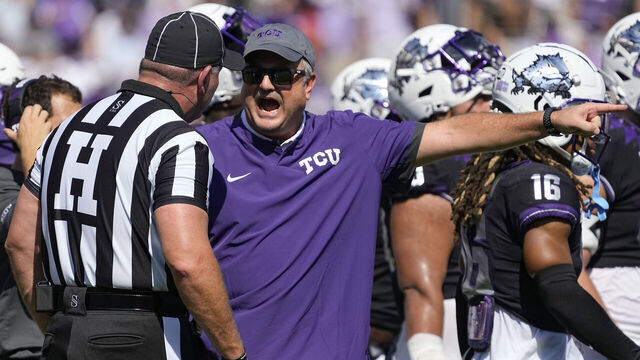 FORT WORTH, TEXAS - SEPTEMBER 23: Head coach Sonny Dykes of the TCU Horned Frogs yells at an official during the first half of the game against the SMU Mustangs at Amon G. Carter Stadium on September 23, 2023 in Fort Worth, Texas.