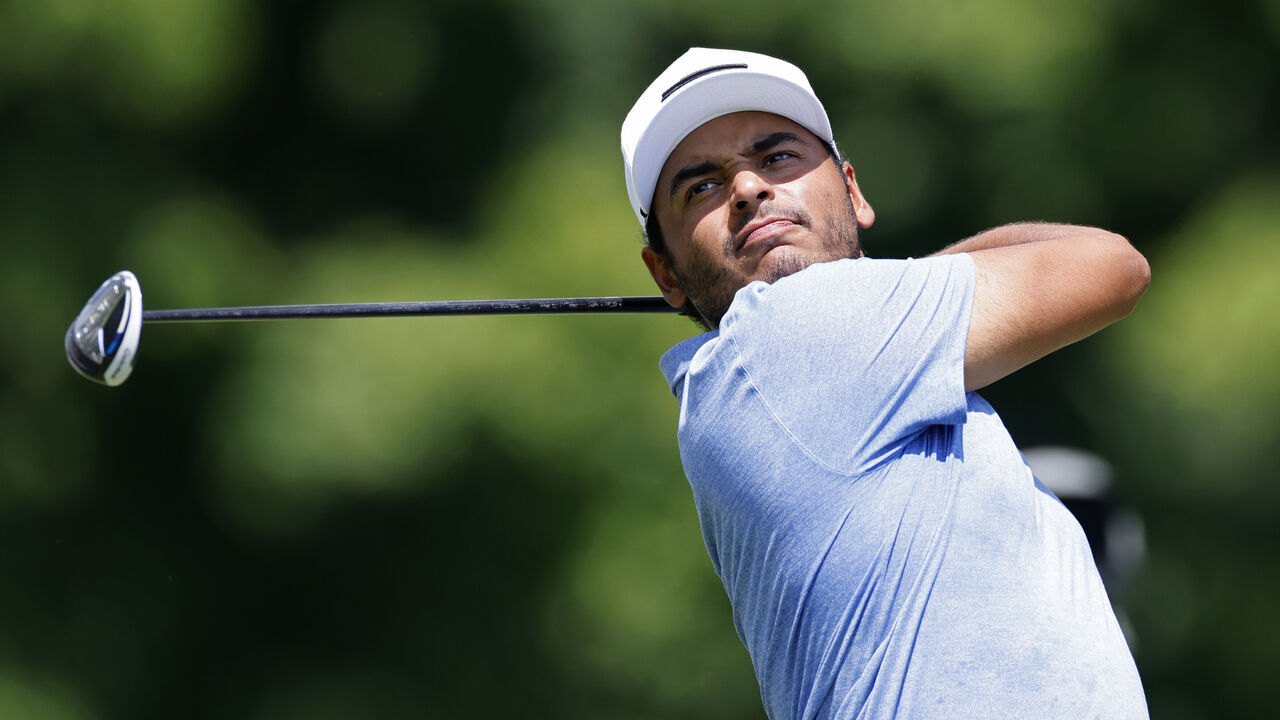 WHITE SULPHUR SPRINGS, WV - AUGUST 05: Sebastian Munoz of Colombia hits a drive at the 9th hole on day two of the LIV Golf Greenbrier at The Old White Course on August 05, 2023 at White Sulphur Springs, West Virginia.