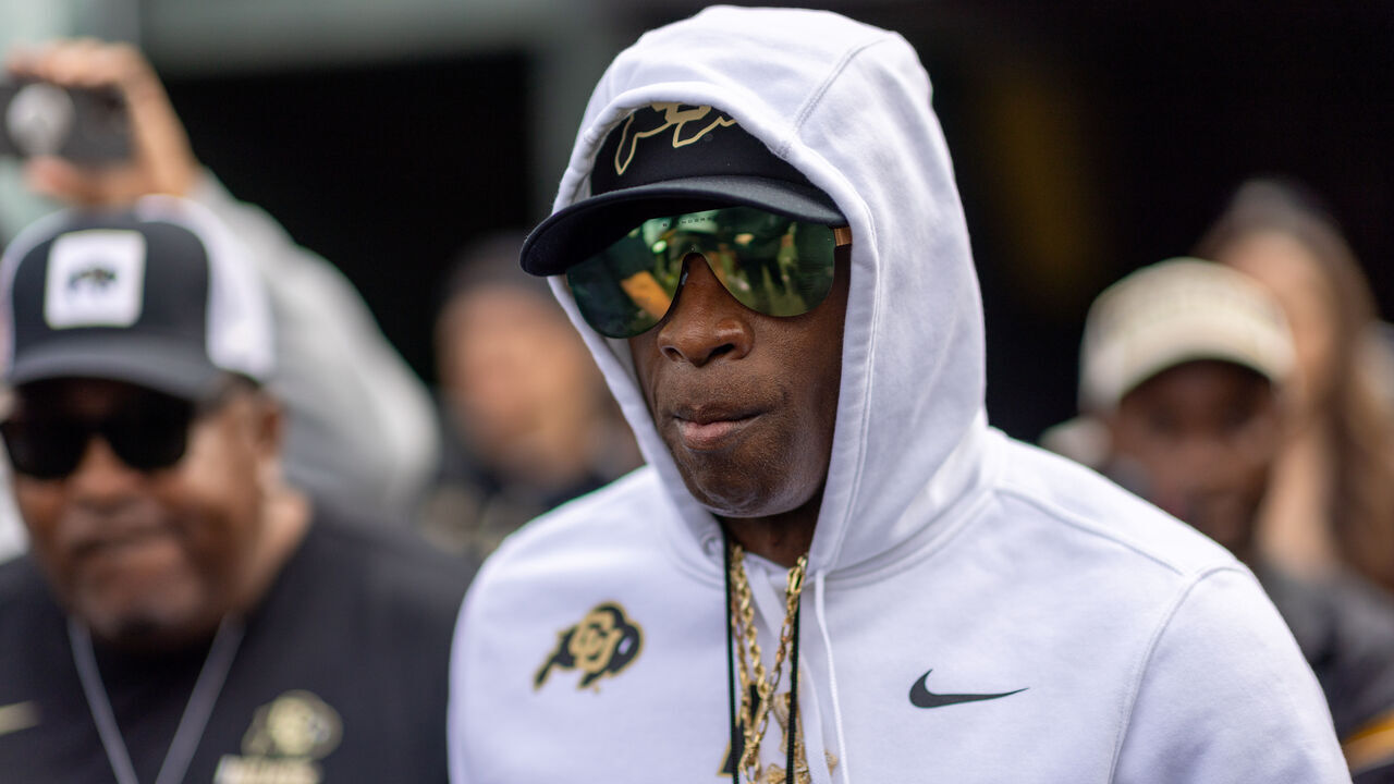 EUGENE, OREGON - SEPTEMBER 23: Head coach Deon Sanders of the Colorado Buffaloes walks on the field before their game against the Oregon Ducks at Autzen Stadium on September 23, 2023 in Eugene, Oregon.