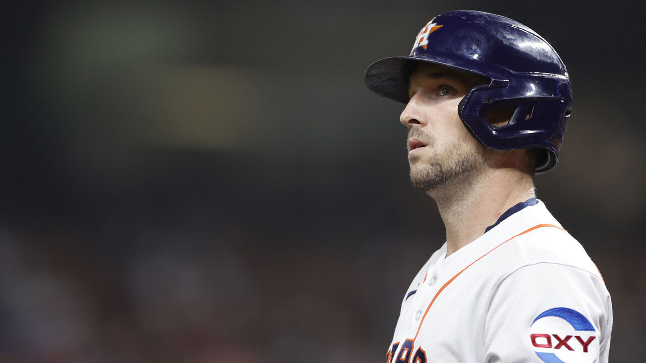 HOUSTON, TEXAS - SEPTEMBER 13: Alex Bregman #2 of the Houston Astros looks on after a called strike during the third inning against the Oakland Athletics at Minute Maid Park on September 13, 2023 in Houston, Texas.