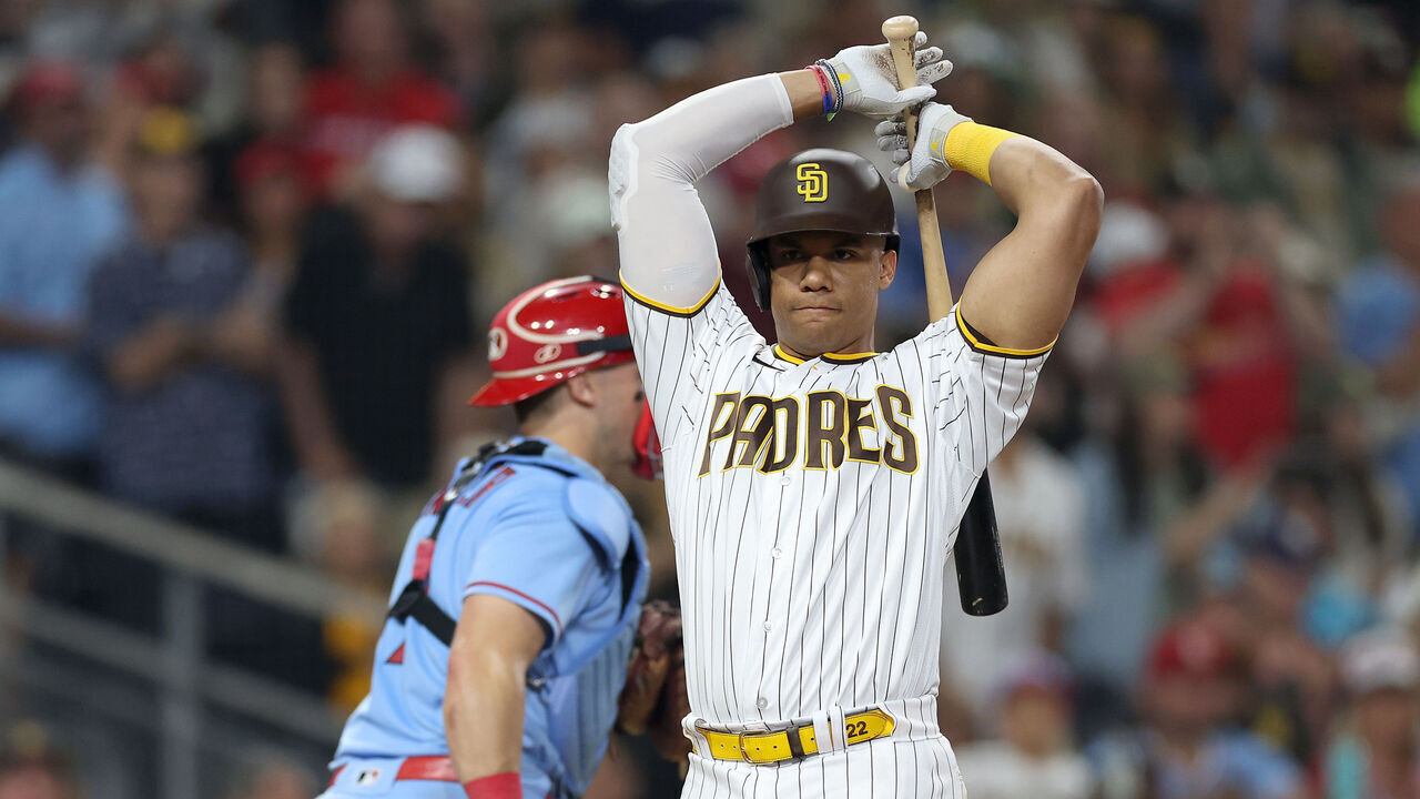 SAN DIEGO, CALIFORNIA - SEPTEMBER 23: Juan Soto #22 of the San Diego Padres reacts after striking out to end the ninth inning of a game against the St. Louis Cardinals at PETCO Park on September 23, 2023 in San Diego, California.