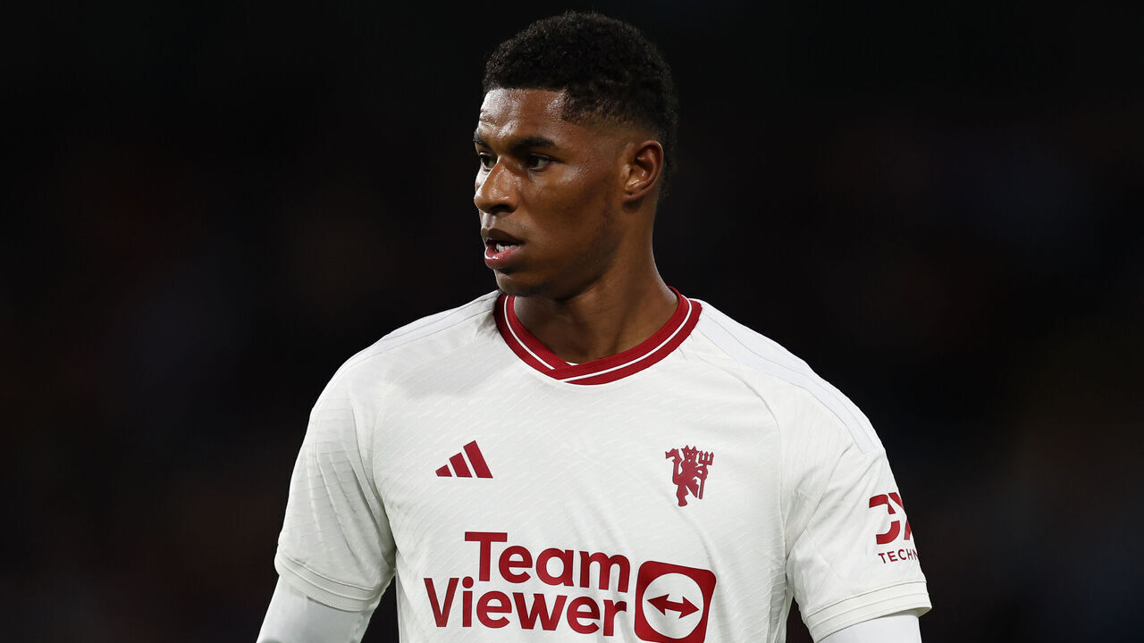 BURNLEY, ENGLAND - SEPTEMBER 23: Marcus Rashford of Manchester United looks on during the Premier League match between Burnley FC and Manchester United at Turf Moor on September 23, 2023 in Burnley, England.