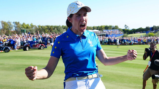 Europe's Carlota Ciganda celebrates winning her Singles match against USA's Nelly Korda as Europe retain the Solheim Cup during day three of the 2023 Solheim Cup at Finca Cortesin, Malaga. Picture date: Sunday September 24, 2023.