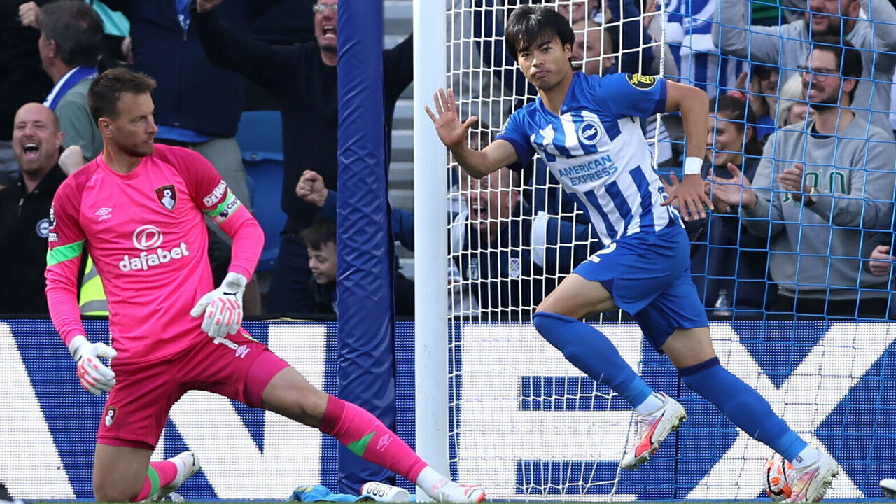 Brighton and Hove Albion's Kaoru Mitoma (right) celebrates scoring their side's second goal of the game during the Premier League match at the AMEX Stadium, Brighton. Picture date: Sunday September 24, 2023.