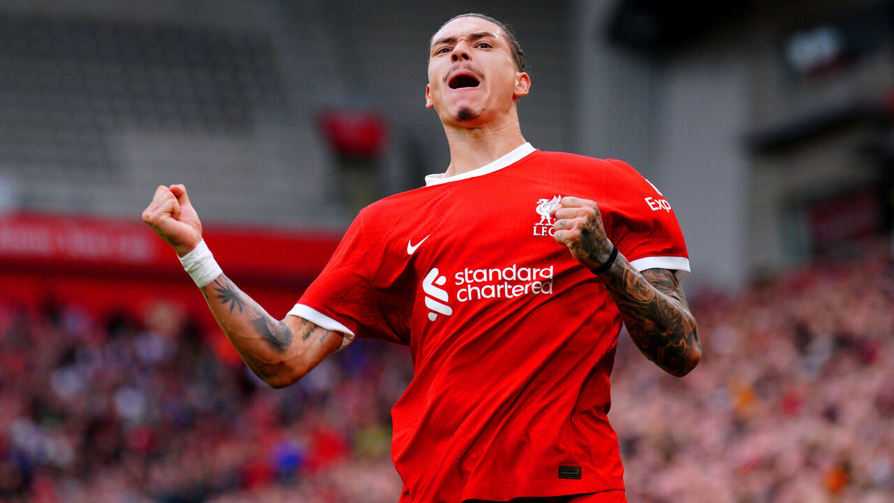 Liverpool's Darwin Nunez celebrates scoring their side's second goal of the game during the Premier League match at Anfield, Liverpool. Picture date: Sunday September 24, 2023.