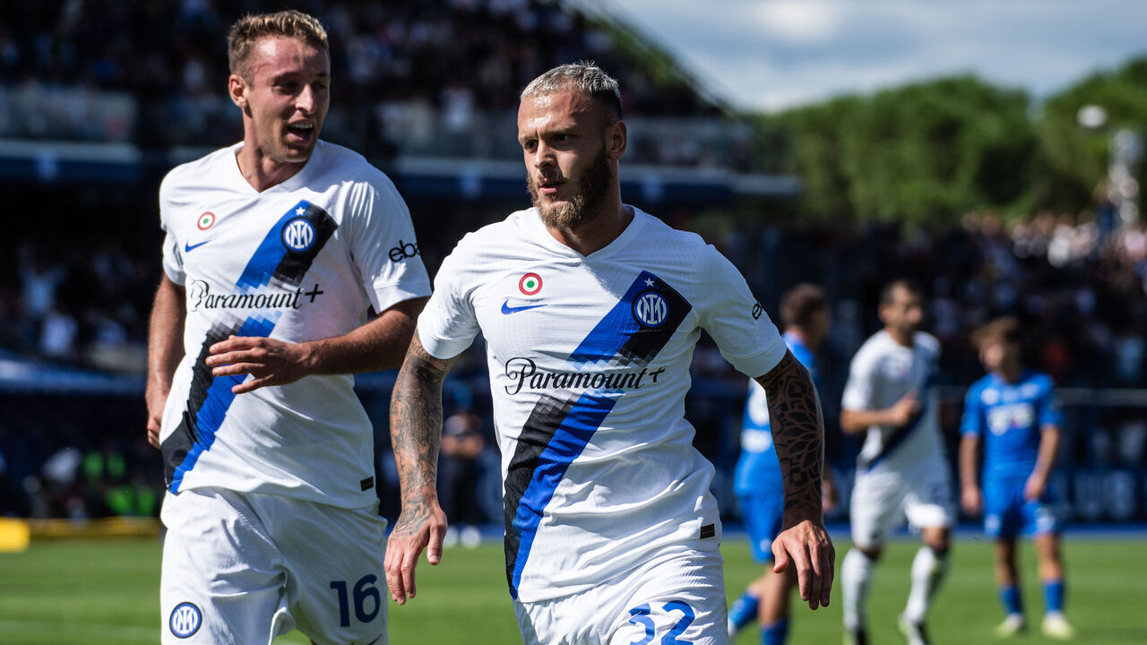 EMPOLI, ITALY - SEPTEMBER 24: Federico Dimarco of FC Internazionale after scoring a goal to make it 0-1 during the Serie A TIM match between Empoli FC and FC Internazionale at Stadio Carlo Castellani on September 24, 2023 in Empoli, Italy.
