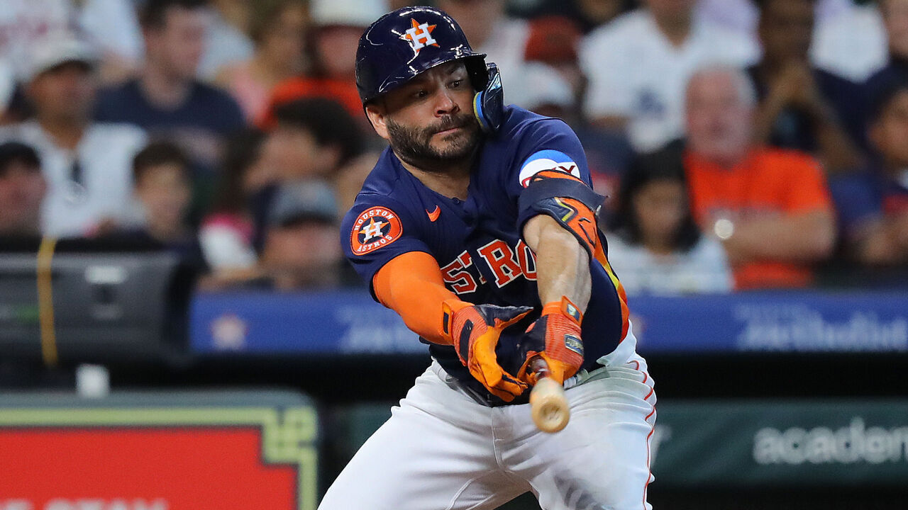 HOUSTON, TEXAS - SEPTEMBER 24: Jose Altuve #27 of the Houston Astros grounds out to third base in the fourth inning against the Kansas City Royals at Minute Maid Park on September 24, 2023 in Houston, Texas.
