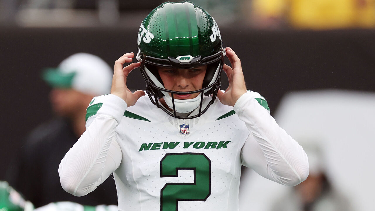 EAST RUTHERFORD, NEW JERSEY - SEPTEMBER 24: Zach Wilson #2 of the New York Jets looks on prior to a game against the New England Patriots at MetLife Stadium on September 24, 2023 in East Rutherford, New Jersey.