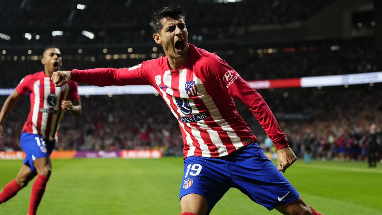 Alvaro Morata centre-forward of Atletico de Madrid and Spain celebrates after scoring his sides first goal during the LaLiga EA Sports match between Atletico Madrid and Real Madrid CF at Civitas Metropolitano Stadium on September 24, 2023 in Madrid, Spain.