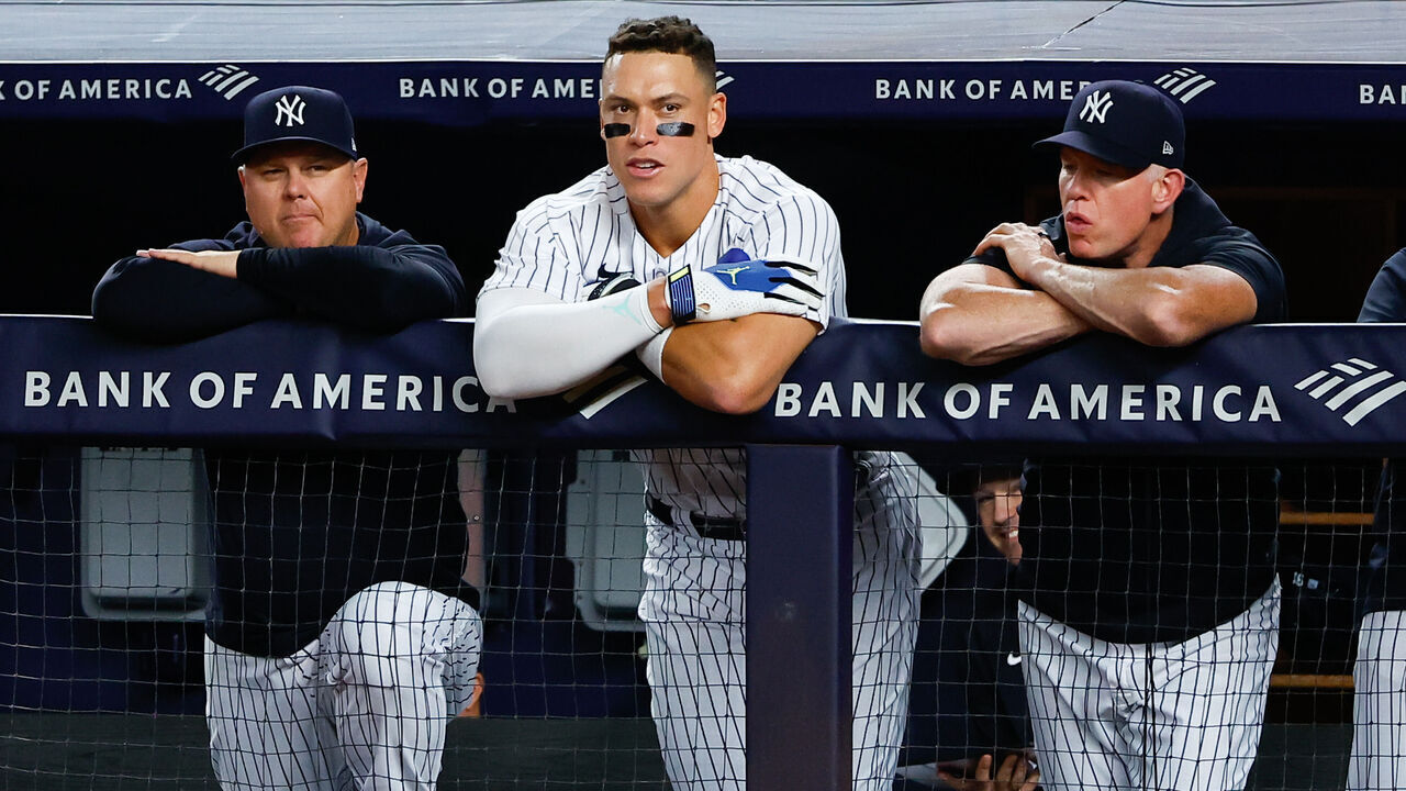BRONX, NY - SEPTEMBER 21: Aaron Judge #99 of the New York Yankees watches from the dugout during the Major League Baseball game against the Toronto Blue Jays on September 21, 2023 at Yankee Stadium in the Bronx, New York.