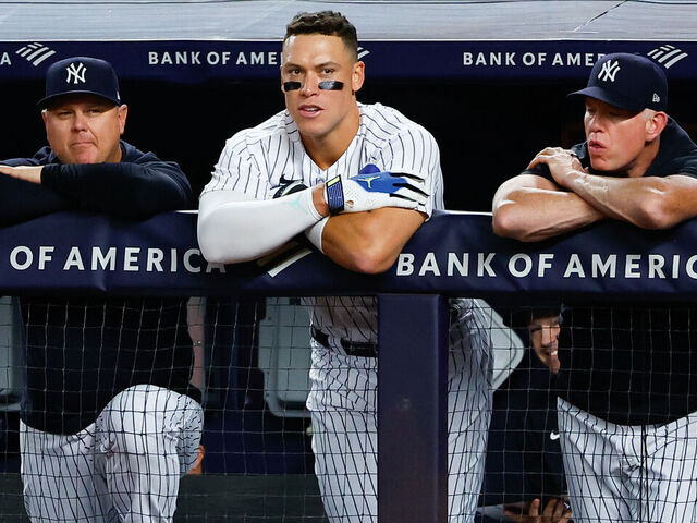 BRONX, NY - SEPTEMBER 21: Aaron Judge #99 of the New York Yankees watches from the dugout during the Major League Baseball game against the Toronto Blue Jays on September 21, 2023 at Yankee Stadium in the Bronx, New York.