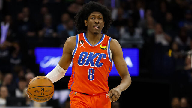 MINNEAPOLIS, MN - APRIL 14: Jalen Williams #8 of the Oklahoma City Thunder dribbles the ball against the Minnesota Timberwolves in the third quarter of the NBA Play-In game at Target Center on April 14, 2023 in Minneapolis, Minnesota. The Timberwolves defeated the Thunder 120-95 to advance to the NBA Playoffs as the #8 seed.