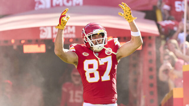 KANSAS CITY, MO - SEPTEMBER 24: Travis Kelce #87 of the Kansas City Chiefs takes the field before kickoff against the Chicago Bears at GEHA Field at Arrowhead Stadium on September 24, 2023 in Kansas City, Missouri.