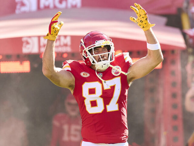 KANSAS CITY, MO - SEPTEMBER 24: Travis Kelce #87 of the Kansas City Chiefs takes the field before kickoff against the Chicago Bears at GEHA Field at Arrowhead Stadium on September 24, 2023 in Kansas City, Missouri.