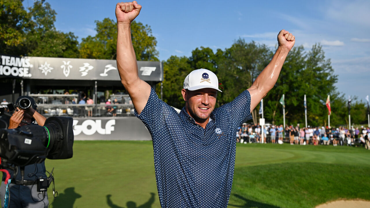 SUGAR GROVE, ILLINOIS - SEPTEMBER 24: Bryson DeChambeau reacts after winning the LIV Golf Invitational - Chicago at Rich Harvest Farms on September 24, 2023 in Sugar Grove, Illinois.