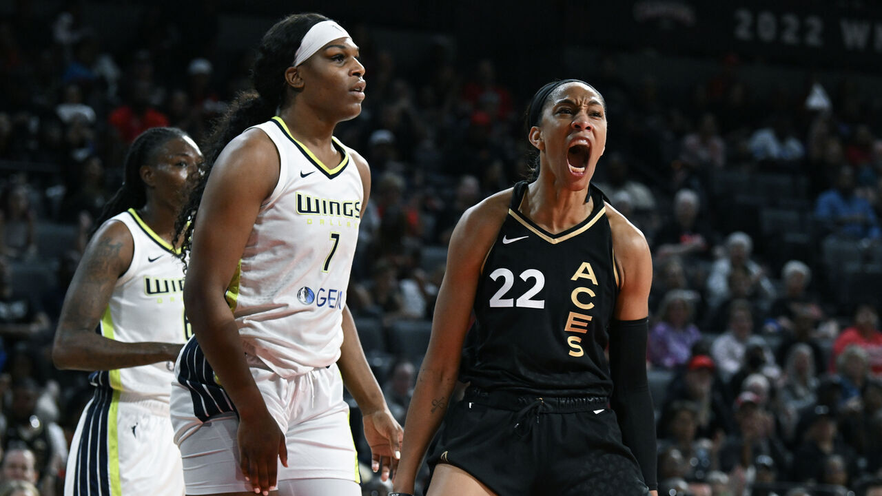 LAS VEGAS, NEVADA - SEPTEMBER 24: A'ja Wilson #22 of the Las Vegas Aces reacts to a play in the third quarter of Game One of the 2023 WNBA Playoffs semifinals against the Dallas Wings at Michelob ULTRA Arena on September 24, 2023 in Las Vegas, Nevada. The Aces defeated the Wings 97-83.