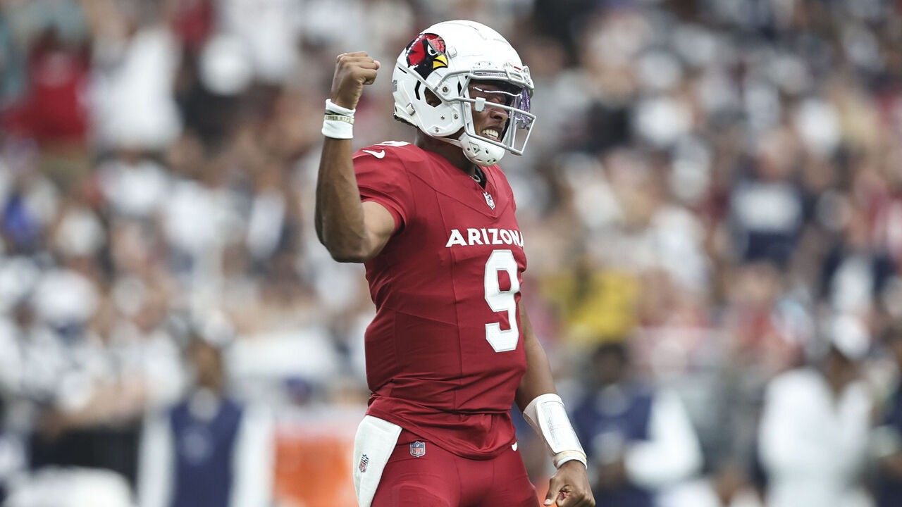 GLENDALE, ARIZONA - SEPTEMBER 24: Joshua Dobbs #9 of the Arizona Cardinals celebrates after a touchdown during an NFL football game between the Arizona Cardinals and the Dallas Cowboys at State Farm Stadium on September 24, 2023 in Glendale, Arizona.