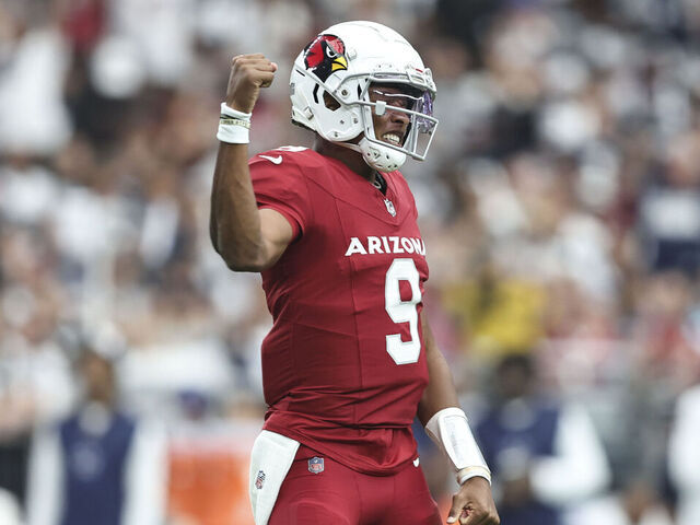 GLENDALE, ARIZONA - SEPTEMBER 24: Joshua Dobbs #9 of the Arizona Cardinals celebrates after a touchdown during an NFL football game between the Arizona Cardinals and the Dallas Cowboys at State Farm Stadium on September 24, 2023 in Glendale, Arizona.