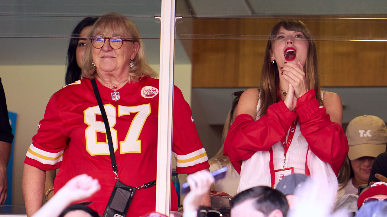 KANSAS CITY, MO - SEPTEMBER 24: Taylor Swift cheers from a suite with Donna Kelce as the Kansas City Chiefs play the Chicago Bears during the first half at GEHA Field at Arrowhead Stadium on September 24, 2023 in Kansas City, Missouri.