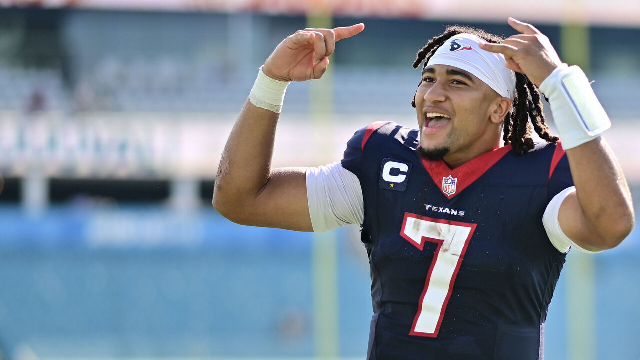 JACKSONVILLE, FLORIDA - SEPTEMBER 24: C.J. Stroud of the Houston Texans celebrates a win over the Jacksonville Jaguars at EverBank Stadium on September 24, 2023 in Jacksonville, Florida.