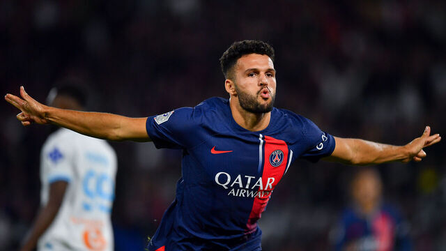 PARIS, FRANCE - SEPTEMBER 24: Gonçalo Ramos of PSG celebrates after scoring his team's third goal during the Ligue 1 Uber Eats match between Paris Saint-Germain and Olympique de Marseille at Parc des Princes on September 24, 2023 in Paris, France.