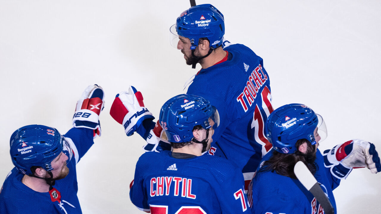 NEW YORK, NEW YORK - APRIL 24: Vincent Trocheck #16 of the New York Rangers celebrates his third period goal with teammates in a game against the New Jersey Devils in Game Four of the First Round of the 2023 Stanley Cup Playoffs at Madison Square Garden on April 24, 2023 in New York, New York.