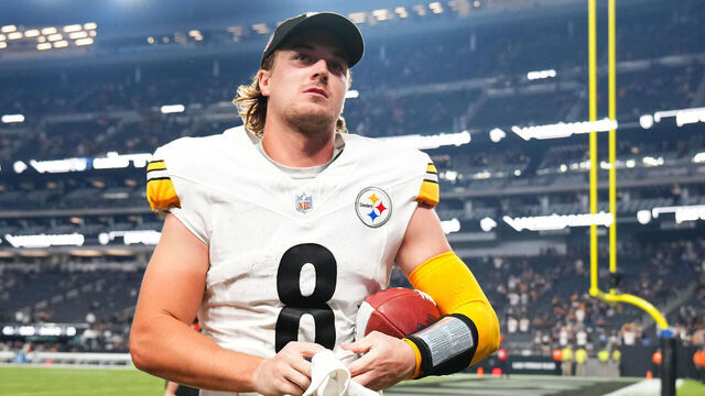 LAS VEGAS, NEVADA - SEPTEMBER 24: Kenny Pickett #8 of the Pittsburgh Steelers walks off the field after a win over the Las Vegas Raiders at Allegiant Stadium on September 24, 2023 in Las Vegas, Nevada.