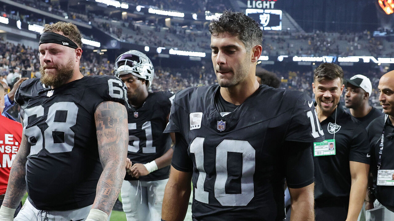 LAS VEGAS, NEVADA - SEPTEMBER 24: Jimmy Garoppolo #10 of the Las Vegas Raiders walks off the field after a loss to the Pittsburgh Steelers at Allegiant Stadium on September 24, 2023 in Las Vegas, Nevada.