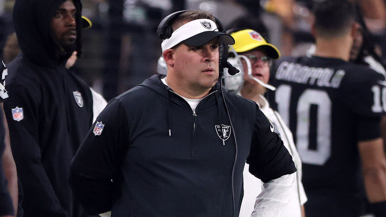LAS VEGAS, NEVADA - SEPTEMBER 24: Head coach Josh McDaniels of the Las Vegas Raiders looks on in the game against the Pittsburgh Steelers during the fourth quarter at Allegiant Stadium on September 24, 2023 in Las Vegas, Nevada.