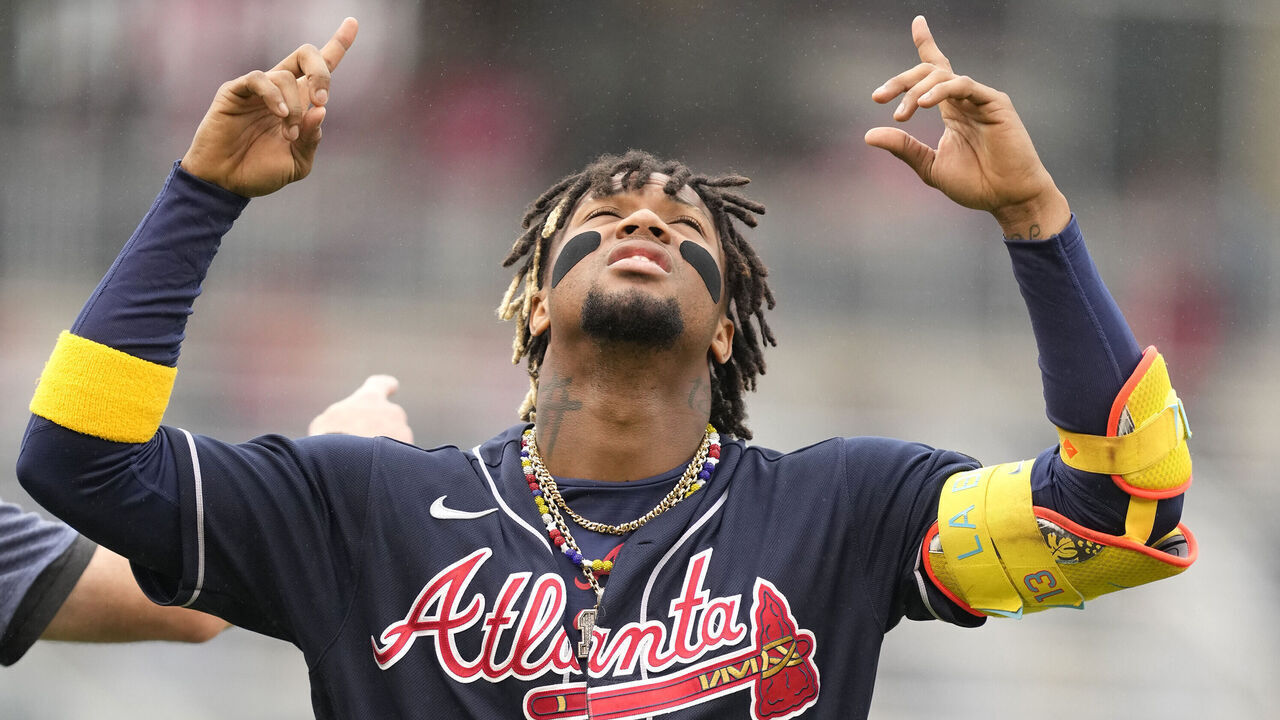 WASHINGTON, DC - SEPTEMBER 24: Ronald Acuna Jr. #13 of the Atlanta Braves looks on before game one of a doubleheader against the Washington Nationals at Nationals Park on September 24, 2023 in Washington, DC.