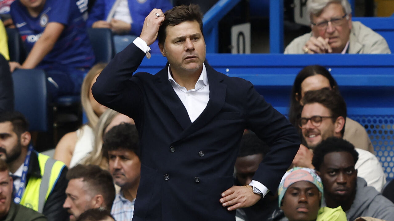 Chelsea's Argentinian head coach Mauricio Pochettino gestures on the touchline during the English Premier League football match between Chelsea and Aston Villa at Stamford Bridge in London on September 24, 2023.