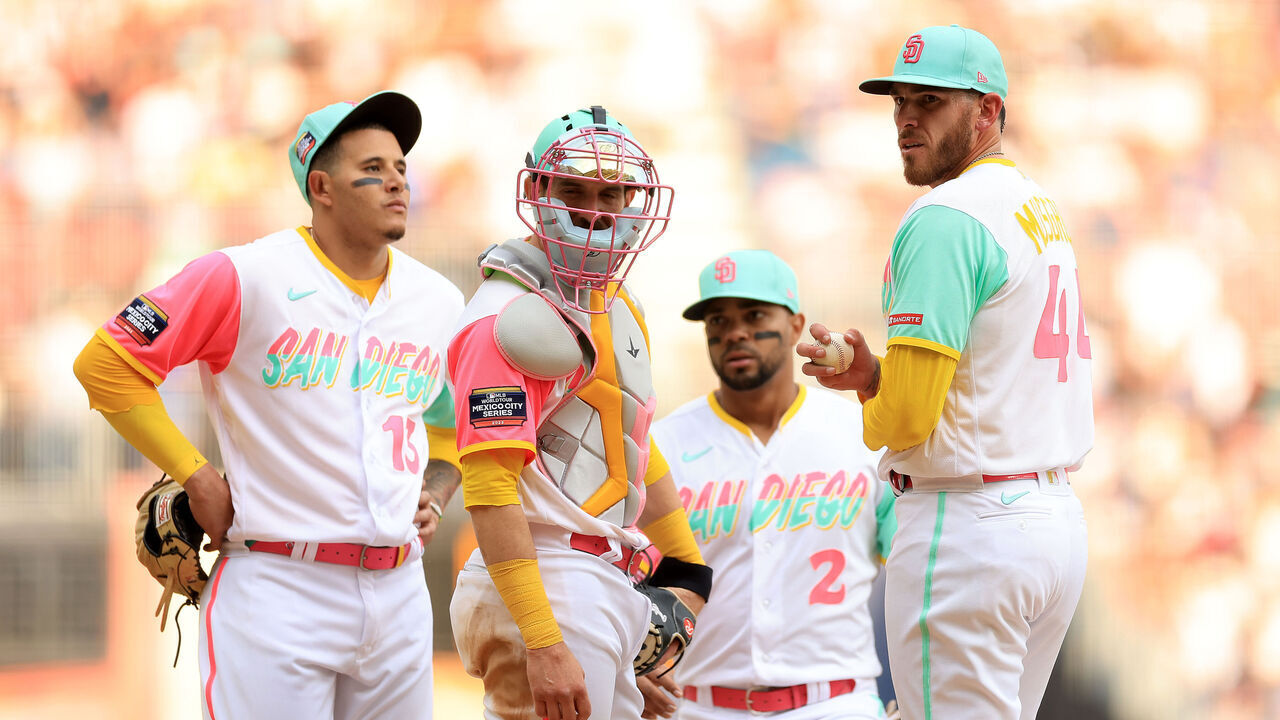MEXICO CITY, MEXICO - APRIL 29: Austin Nola #26, Manny Machado #13 and Xander Bogaerts #2 talk with Joe Musgrove #44 of the San Diego Padres at the mound after he allowed a three-run homerun to Mitch Haniger #17 of the San Francisco Giants during the fourth inning of the MLB World Tour Mexico City Series at Alfredo Harp Helú Stadium on April 29, 2023 in Mexico City, Mexico.