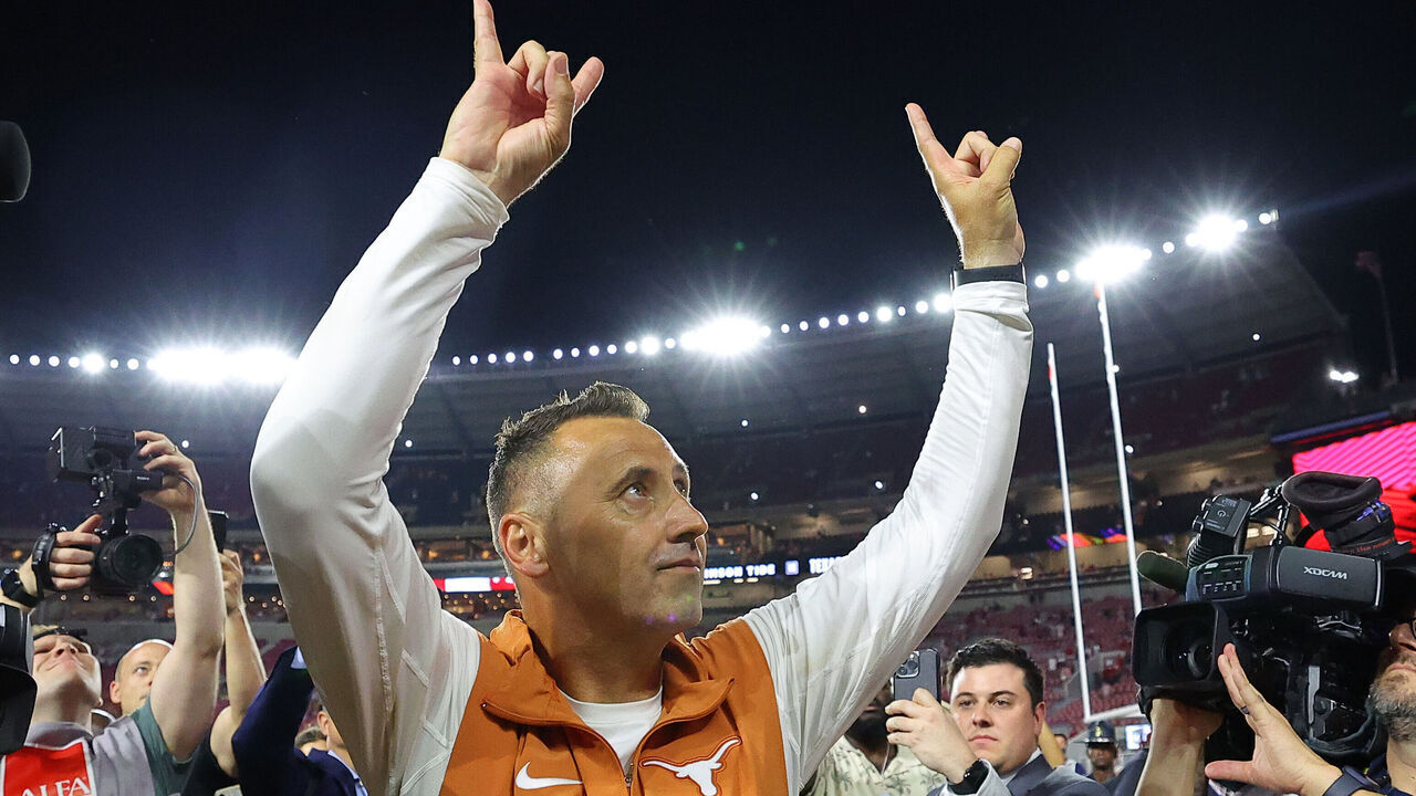 TUSCALOOSA, ALABAMA - SEPTEMBER 09: Head coach Steve Sarkisian of the Texas Longhorns celebrates after defeating Alabama Crimson Tide 34-24 at Bryant-Denny Stadium on September 09, 2023 in Tuscaloosa, Alabama.