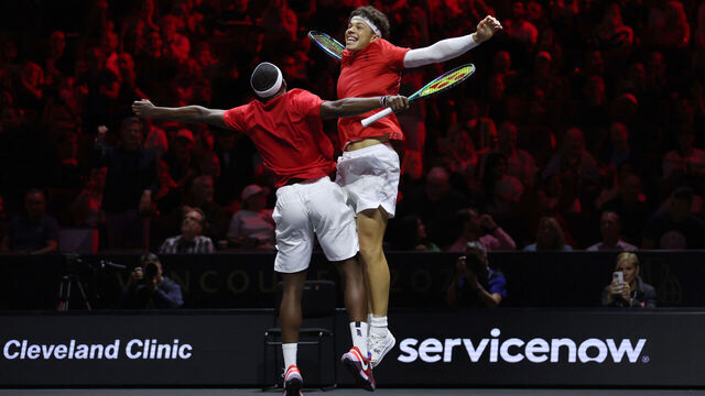 VANCOUVER, BRITISH COLUMBIA - SEPTEMBER 24: Ben Shelton of Team World and Frances Tiafoe of Team World react to match point in their doubles match after defeating Andrey Rublev of Team Europe and Hubert Hurkacz of Team Europe to win the Laver Cup for Team World during day three of the Laver Cup at Rogers Arena on September 24, 2023 in Vancouver, British Columbia.
