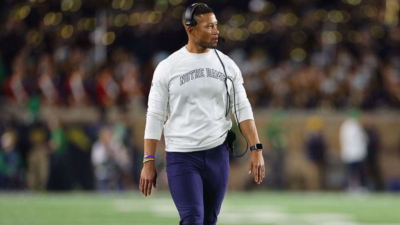 SOUTH BEND, INDIANA - SEPTEMBER 23: Head coach Marcus Freeman of the Notre Dame Fighting Irish reacts against the Ohio State Buckeyes during the second half at Notre Dame Stadium on September 23, 2023 in South Bend, Indiana.