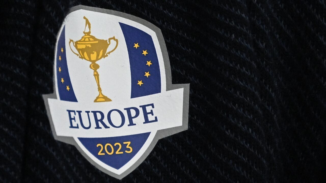 A picture shows the badge of team Europe during a press conference ahead of the 44th Ryder Cup at the Marco Simone Golf and Country Club in Rome on September 25, 2023.