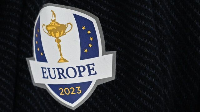 A picture shows the badge of team Europe during a press conference ahead of the 44th Ryder Cup at the Marco Simone Golf and Country Club in Rome on September 25, 2023.