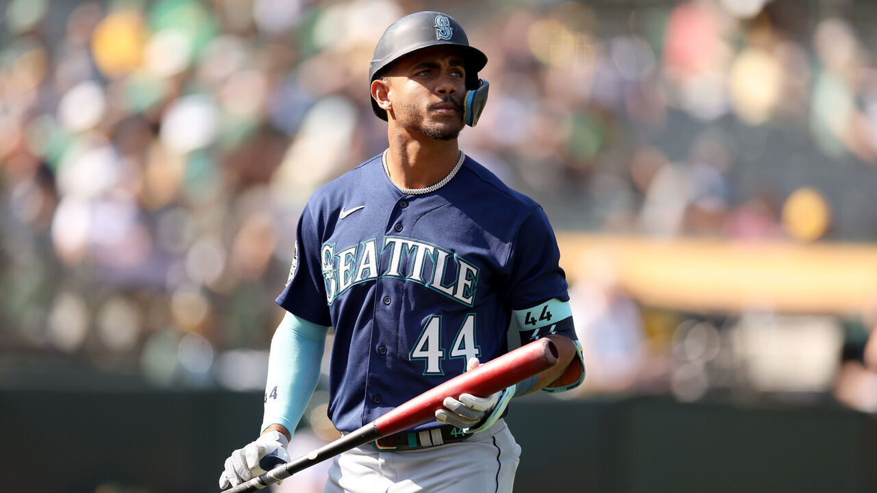 OAKLAND, CALIFORNIA - SEPTEMBER 20: Julio Rodriguez #44 of the Seattle Mariners walks back to the dugout after striking out in their game against the Oakland Athletics at RingCentral Coliseum on September 20, 2023 in Oakland, California.