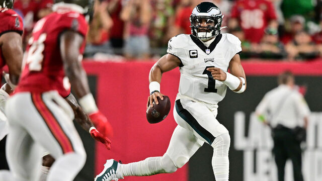 TAMPA, FLORIDA - SEPTEMBER 25: Jalen Hurts #1 of the Philadelphia Eagles scrambles during the second quarter against the Tampa Bay Buccaneers at Raymond James Stadium on September 25, 2023 in Tampa, Florida.