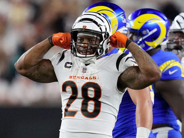 CINCINNATI, OHIO - SEPTEMBER 25: Joe Mixon #28 of the Cincinnati Bengals celebrates a first down against the Los Angeles Rams during the fourth quarter in the game at Paycor Stadium on September 25, 2023 in Cincinnati, Ohio.