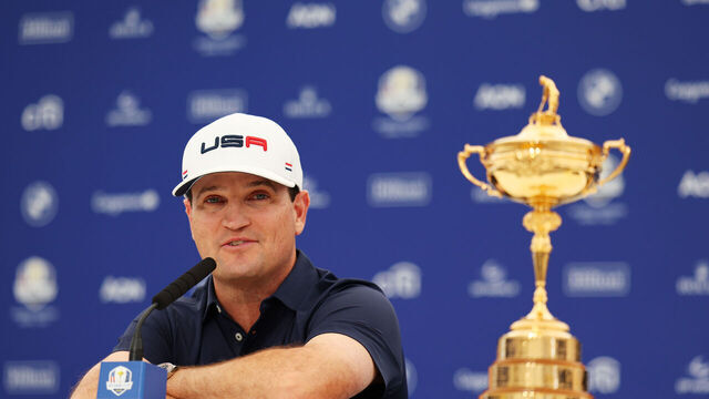 ROME, ITALY - SEPTEMBER 25: United States Ryder Cup Captain, Zach Johnson speaks to the media during a joint press conference prior to the 2023 Ryder Cup at Marco Simone Golf Club on September 25, 2023 in Rome, Italy.