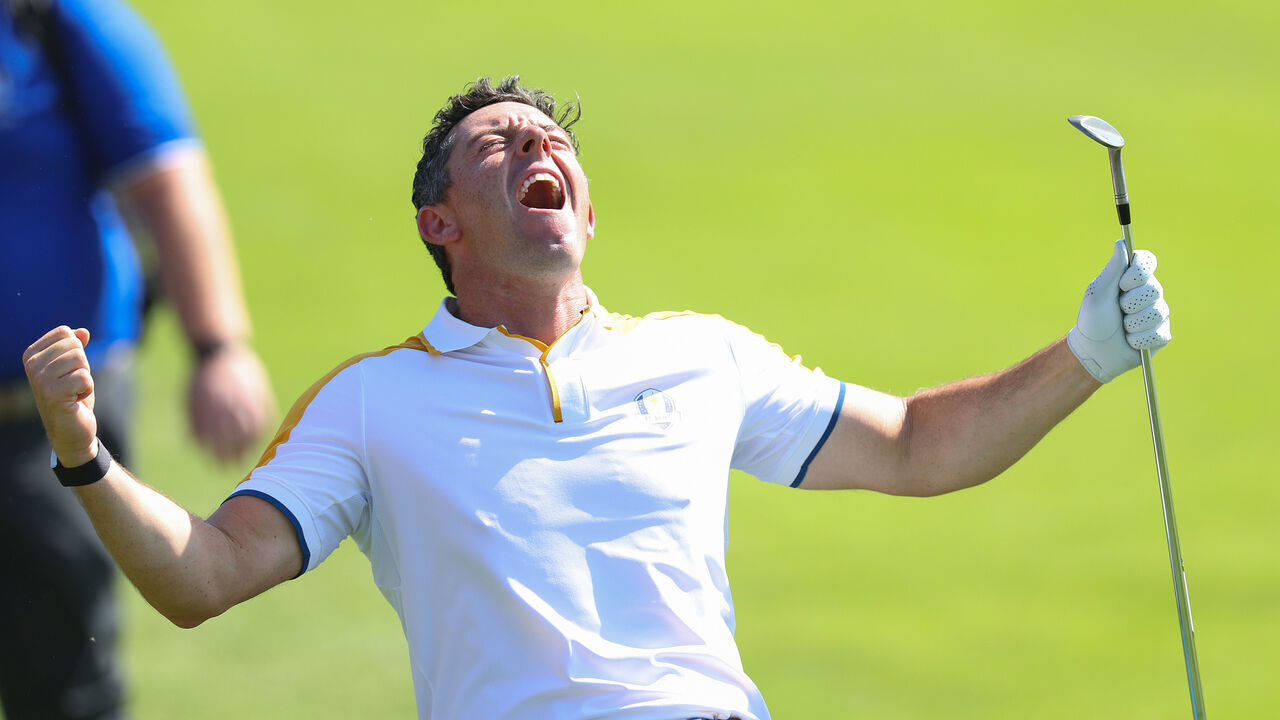 ROME, ITALY - SEPTEMBER 26: Rory McIlroy of Team Europe reacts on the eighth hole during a practice round prior to the 2023 Ryder Cup at Marco Simone Golf Club on September 26, 2023 in Rome, Italy.