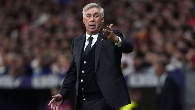 MADRID, SPAIN - SEPTEMBER 24: Ancelotti head Coach of Real Madrid CF reacts during the LaLiga EA Sports match between Atletico Madrid and Real Madrid CF at Civitas Metropolitano Stadium on September 24, 2023 in Madrid, Spain.