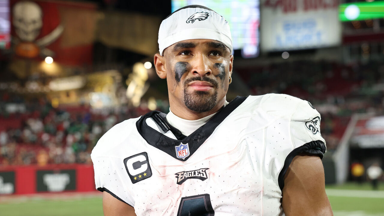 TAMPA, FLORIDA - SEPTEMBER 25: Jalen Hurts #1 of the Philadelphia Eagles reacts after a 25-11 victory against the Tampa Bay Buccaneers at Raymond James Stadium on September 25, 2023 in Tampa, Florida.