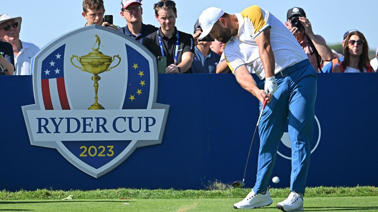 Europe's Spanish golfer, Jon Rahm plays from the 3rd tee during practice ahead of the 44th Ryder Cup at the Marco Simone Golf and Country Club in Rome on September 26, 2023.