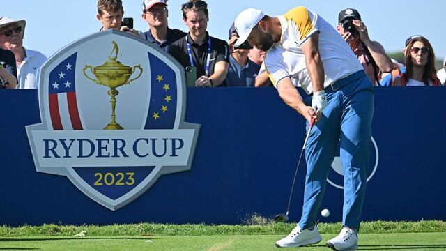 Europe's Spanish golfer, Jon Rahm plays from the 3rd tee during practice ahead of the 44th Ryder Cup at the Marco Simone Golf and Country Club in Rome on September 26, 2023.