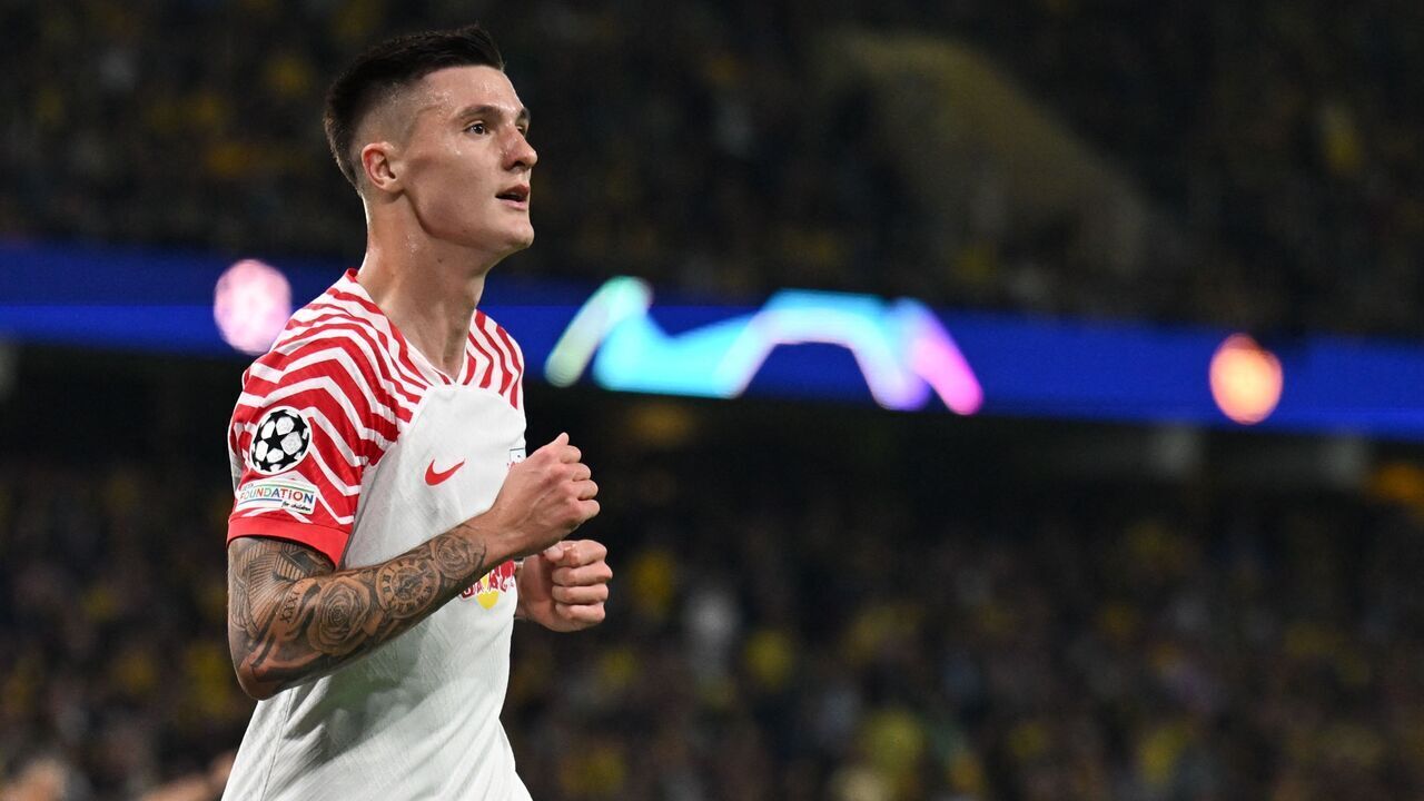RB Leipzig's Slovenian forward #30 Benjamin Sesko celebrates scoring his team's third goal during the UEFA Champions League Group G football match between Young Boys and Leipzig at The Wankdorf Stadium in Bern on September 19, 2023.