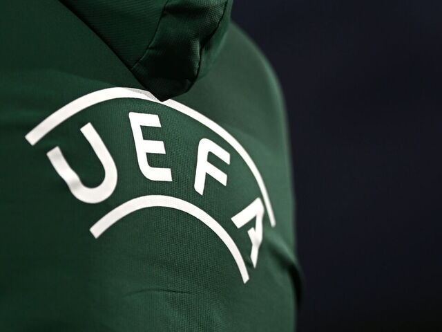CLUJ-NAPOCA, ROMANIA - JUNE 25: UEFA logo before the UEFA Under-21 EURO 2023 Finals Group D match between Norway and France at the CFR Cluj Stadium on June 25, 2023 in Cluj Napoca, Romania.