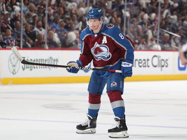 DENVER, COLORADO - APRIL 30: Cale Makar #8 of the Colorado Avalanche skates against the Seattle Kraken in Game Seven of the First Round of the 2023 Stanley Cup Playoffs at Ball Arena on April 30, 2023 in Denver, Colorado.